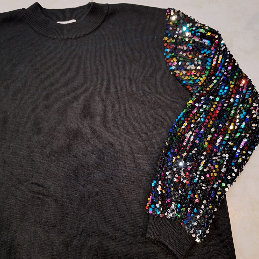 Sparkle City Sequin Sleeve Concert Party Sweater XXL Black Rainbow Knit Pullover